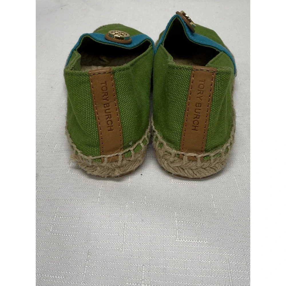 Tory Burch Beacher Espadrille Canvas Flats Womens Size 6 Green/Blue Slip On Shoe